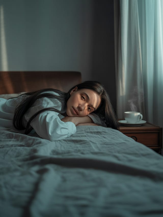 Mulher desanimada deitada na cama