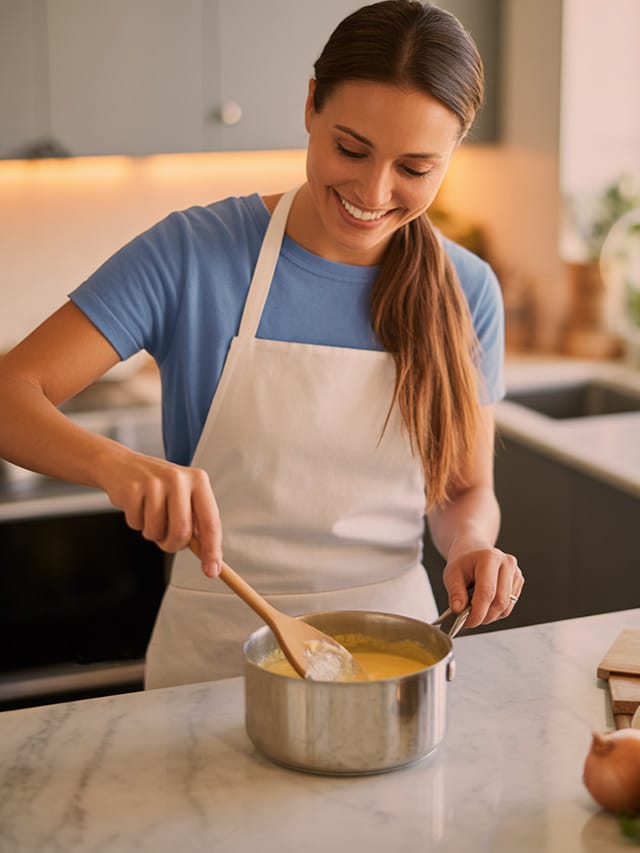 Mulher preparando molho caseiro com ingredientes frescos