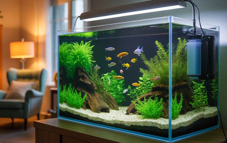Aquário de iniciantes montado em casa, com peixes pequenos, plantas naturais e visual limpo, representando um ambiente saudável e acolhedor