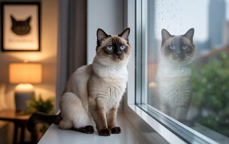 Gato observando atentamente seu tutor na janela, representando a comunicação sutil e o comportamento curioso dos felinos