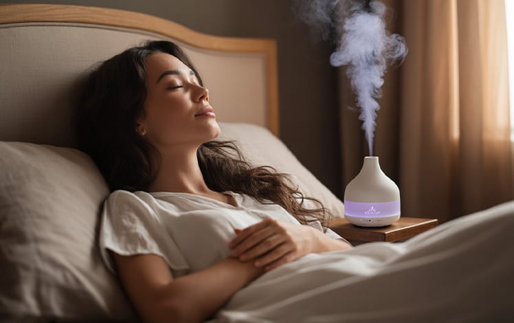 Mulher relaxando à noite com difusor de óleos essenciais ao lado da cama, representando o uso de aromaterapia para melhorar o sono