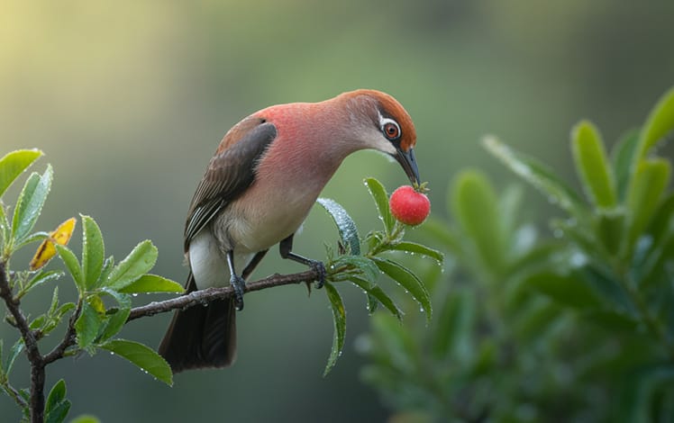 Ave brasileira se alimentando na natureza: sabiá bicando uma fruta, em um cenário de vegetação nativa