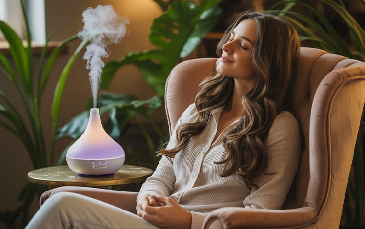 Mulher relaxando ao lado de um difusor aromático em um ambiente tranquilo, representando os benefícios da aromaterapia.