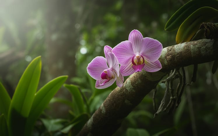 Orquídea epífita em galho de árvore na natureza, representando seu habitat natural em florestas tropicais com luz filtrada e umidade constante