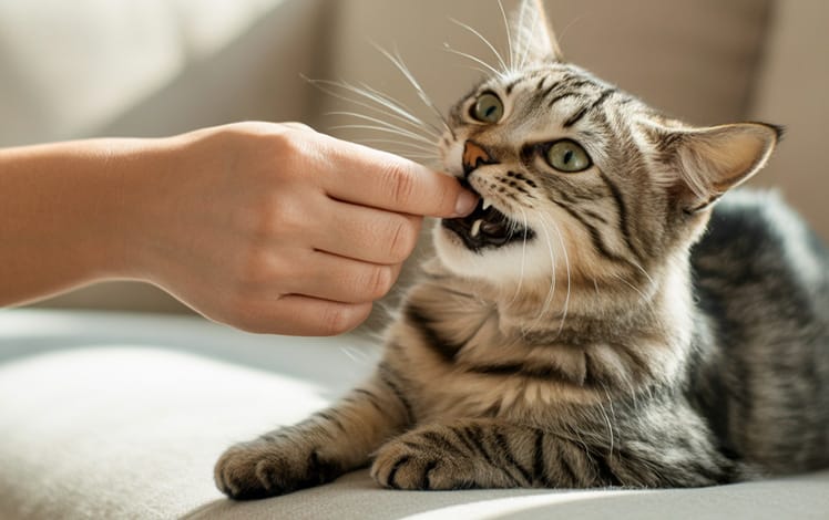 Gato mordendo a mão do tutor durante o carinho, comportamento típico causado por excesso de estímulo ou sinal de desconforto