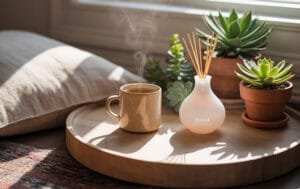 Cantinho de autocuidado natural com plantas, chá e luz suave