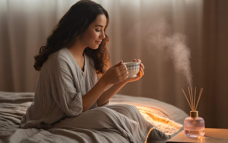 Uma mulher sentada na cama com luz suave ao fundo, segurando uma xícara de chá com um difusor ligado ao lado, exalando lavanda. Expressão de calma e introspecção.