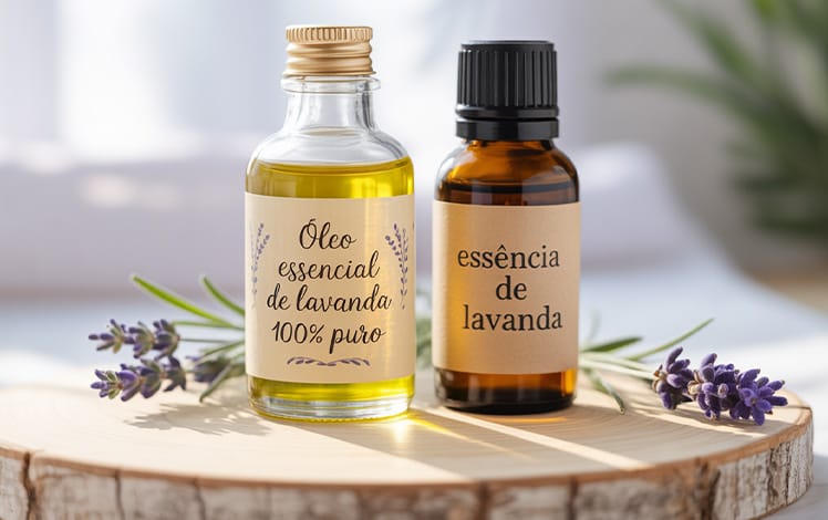 Frascos de óleo essencial e essência lado a lado, destacando as diferenças visuais entre produtos naturais e sintéticos usados em aromaterapia.