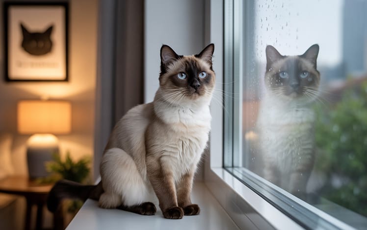 Gato com expressão séria olhando pela janela, representando sinais de estresse e sensibilidade em ambientes domésticos