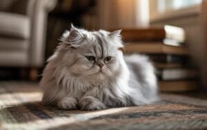 Gato com expressão de estresse deitado em canto tranquilo da casa.