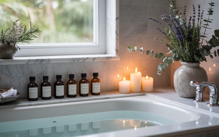 Banheiro aromatizado com óleos essenciais, com velas, lavanda e frascos de vidro sobre uma bancada elegante.