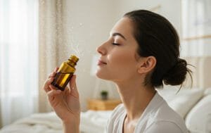 Mulher inalando óleo essencial, demonstrando a conexão entre aroma e o cérebro.
