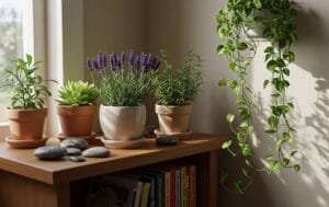 Cantinho com suculentas, ervas aromáticas e folhagens que ajudam a relaxar, em ambiente interno com luz natural.