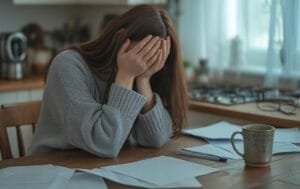 Mulher visivelmente exausta com sinais de esgotamento mental, sentada à mesa com as mãos no rosto.