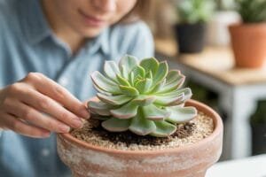 Plantando suculentas com substrato ideal em vasos de barro.