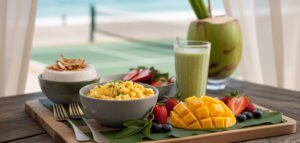 Alimentos saudáveis e energéticos para comer antes e depois do Beach Tennis, dispostos em uma mesa com vista para quadra.