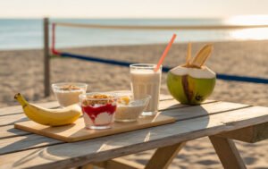 Lanches saudáveis como banana com pasta de amendoim, iogurte, tapioca e água de coco, ideais para levar ao Beach Tennis