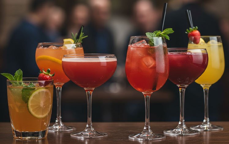 Vários drinks sem álcool coloridos decorados com frutas e ervas frescas em copos sofisticados