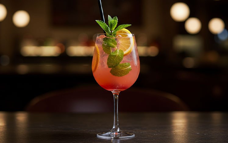 Mocktail colorido decorado com frutas e hortelã em copo elegante