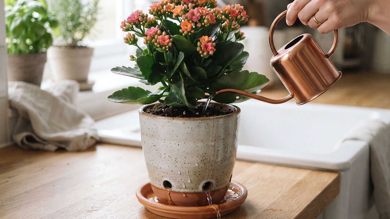 Pessoa regando Kalanchoe diretamente no substrato enquanto a água escorre pelos furos do vaso