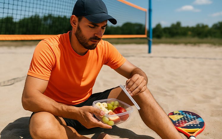 Jogador de beach tennis na areia abrindo lanche prático com frutas frescas, raquete ao lado e rede ao fundo.