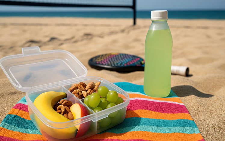 Marmita esportiva com frutas, castanhas e água de coco sobre a areia, ao lado de uma raquete de beach tennis.