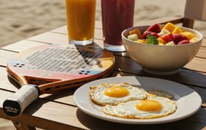 esa com alimentos energéticos e leves para praticantes de Beach Tennis em ambiente ensolarado.