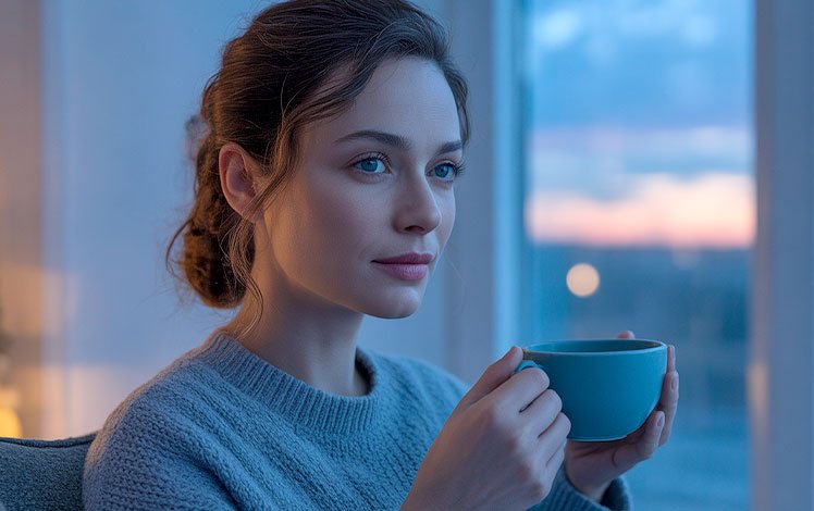 Mulher sentada próxima à janela com xícara nas mãos, luz suave do entardecer, expressão serena e olhar distante.