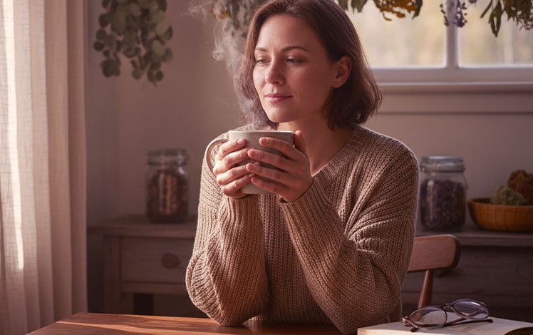 Mulher segurando uma xícara de chá quente com vapor subindo, em ambiente calmo e natural, representando o ritual de bem-estar do eBook Chá & Aroma.