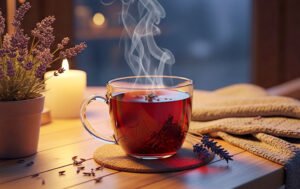 Chá calmante sendo preparado à noite em ambiente tranquilo e iluminado por luz suave.