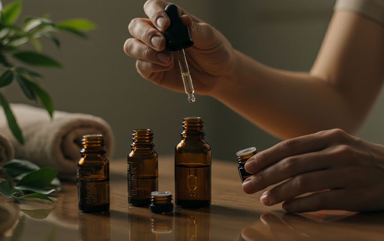 Várias gotas de diferentes óleos essenciais sendo misturadas em um frasco de vidro, com fundo de madeira clara e elementos naturais.