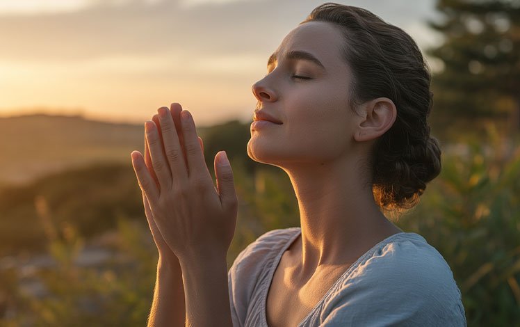 Mulher de olhos fechados respirando profundamente em um parque ao entardecer, com expressão tranquila