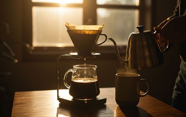 Café coado sendo preparado em casa com filtro de papel e bule sobre mesa de madeira iluminada pela manhã