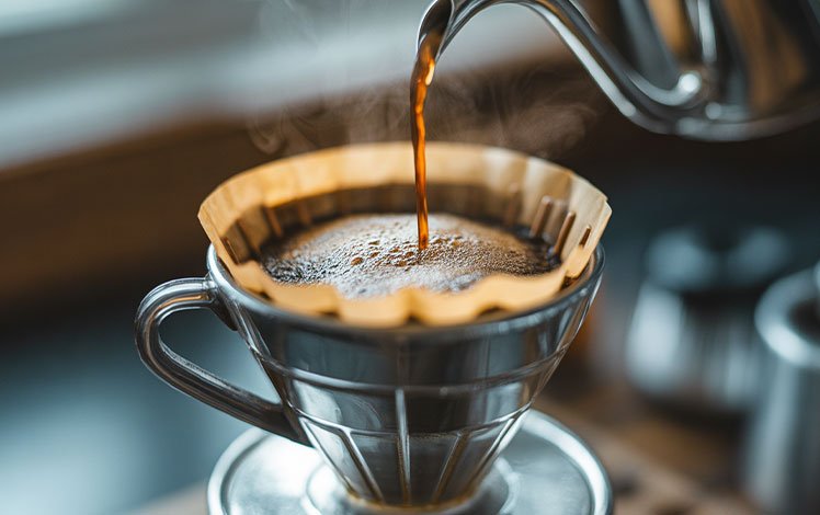 Café sendo preparado manualmente em casa com vapor subindo e luz suave da manhã