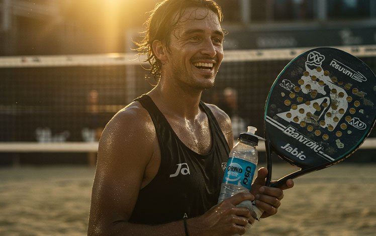 Jogadora de Beach Tennis se hidratando durante partida ensolarada para manter energia.