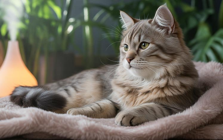 Gato deitado calmamente em ambiente tranquilo e iluminado por luz suave, simbolizando relaxamento e bem-estar após o estresse