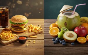 Comparativo entre alimentos pesados e leves antes de uma partida de Beach Tennis.