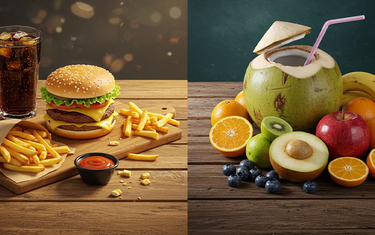 Comparativo entre alimentos pesados e leves antes de uma partida de Beach Tennis.