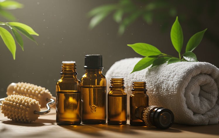 Frascos de óleos essenciais, toalha e rolo de massagem sobre superfície de madeira com luz natural suave.