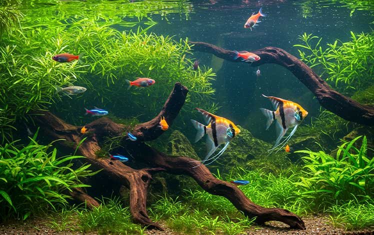 Peixes ornamentais brasileiros coloridos em um aquário tropical de água doce com plantas e iluminação natural