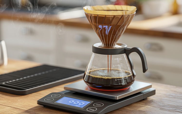 Café sendo preparado com balança e cronômetro para garantir sabor consistente todos os dias.