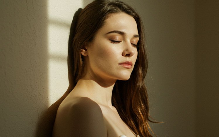 Mulher encostada na parede com os olhos fechados e expressão de exaustão, luz suave e tons neutros