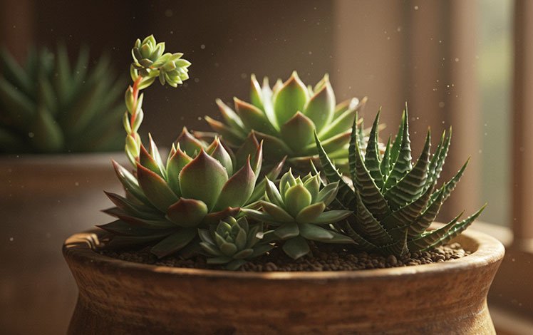 Suculentas que amam sombra decorando ambiente interno com luz suave e clima acolhedor.