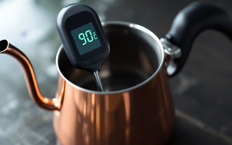 Termômetro digital medindo a temperatura da água antes de preparar café artesanal.