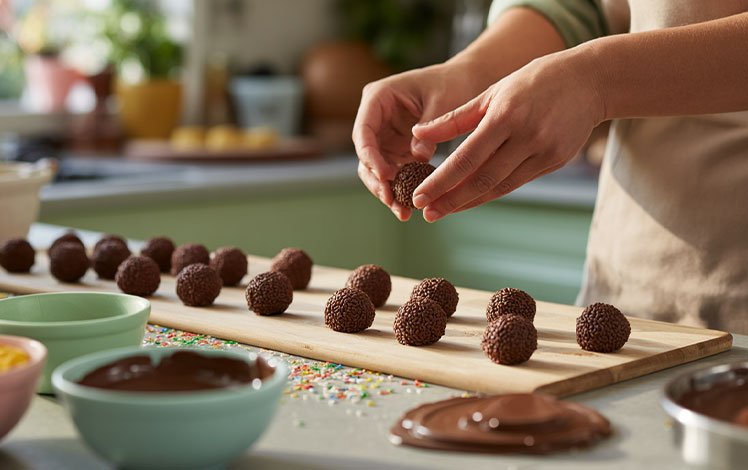 Mãos moldando brigadeiros gourmet sobre bancada com utensílios e chocolate derretido, simbolizando o processo artesanal e o amor por confeitar.