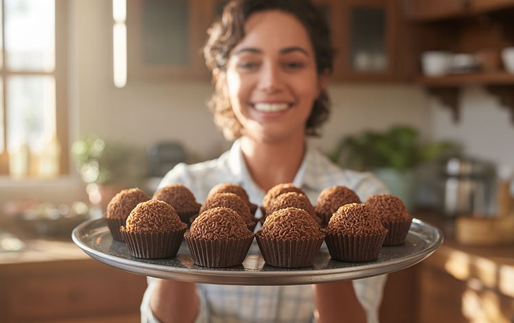 Mulher sorridente em uma cozinha caseira segurando bandeja de brigadeiros gourmet coloridos sob luz natural, representando o começo de um negócio doce e lucrativo.