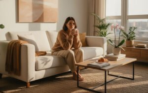 Mulher em casa, pensativa, segurando uma caneca de café, representando cansaço emocional e reflexão sobre relacionamentos.
