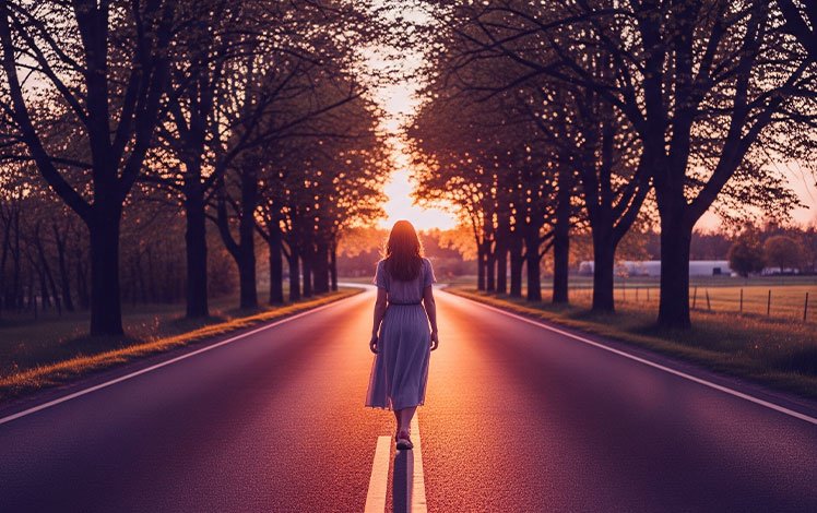 uma mulher caminhando sozinha em uma estrada arborizada, com luz do entardecer