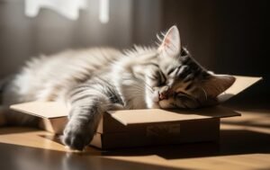 gato dormindo em caixa de papelão
