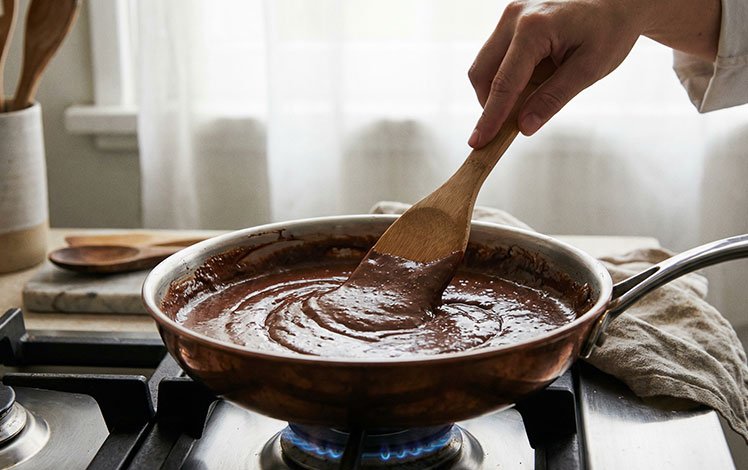 Brigadeiro sendo preparado na panela, destacando textura e ponto durante o cozimento